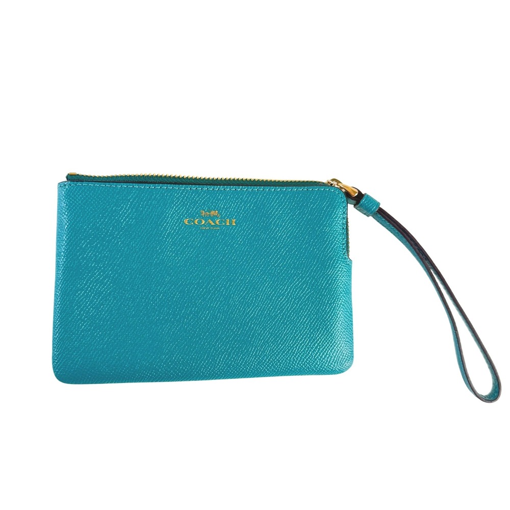 Coach Womens Teal Blue Crossgrain Leather Zip Around Wristlet Wallet Gold Logo